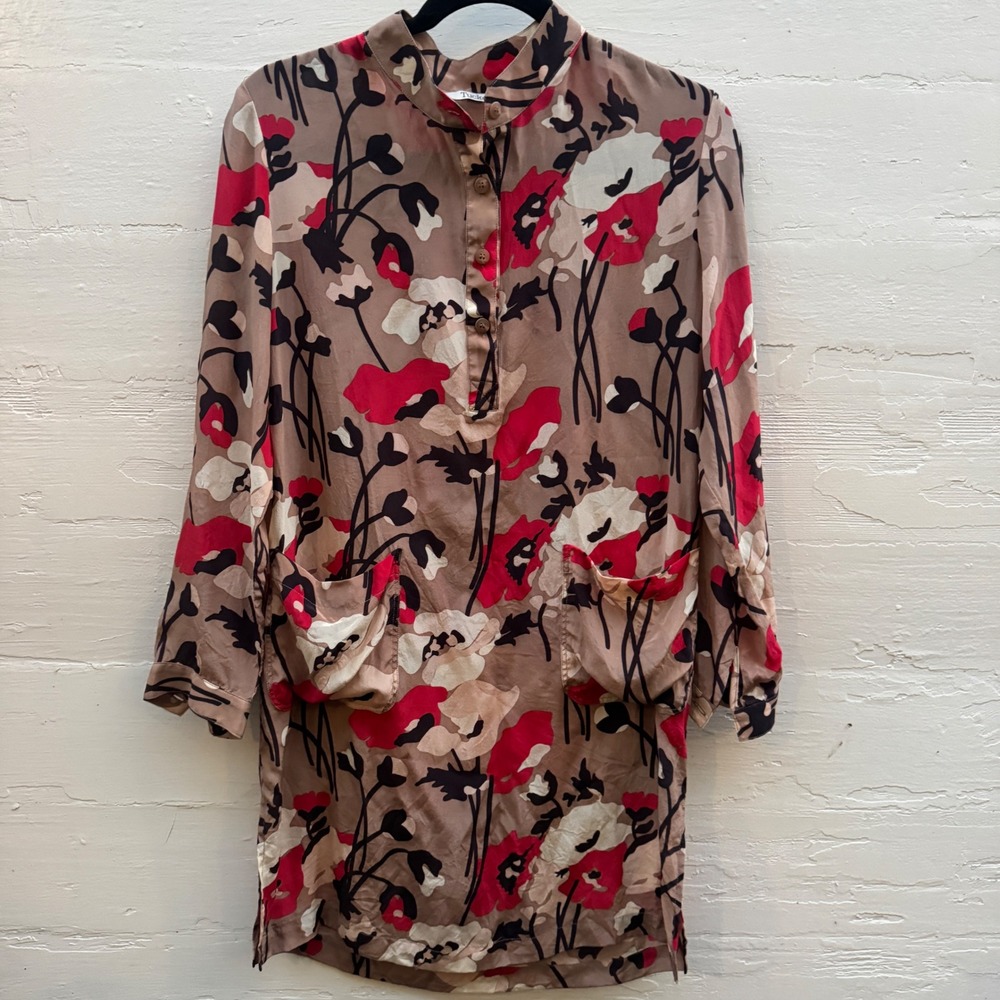 Tucker Tunic Dress Brown Red Silk Floral Poppy Print Boho Pockets Made in USA